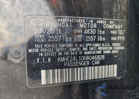 2017 Hyundai Sonata Hybrid z USA, uszkodzony, nr VIN KMHE24L10HA046828